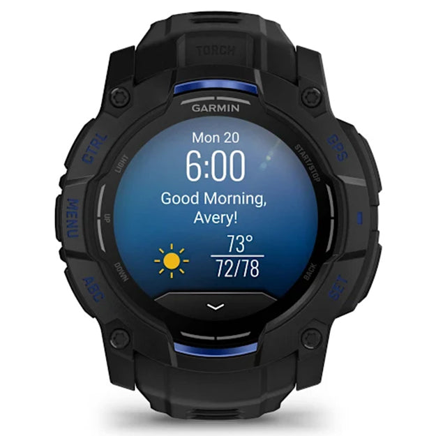 Garmin Instinct 3 Supernova 50mm AMOLED Rugged GPS Watch (Limited Edition) - Black With Bolt Blue Band