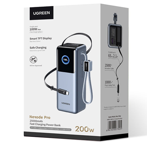 UGreen Nexode 4 Port 25000mAh Power Bank With Retractable Cable (200W)