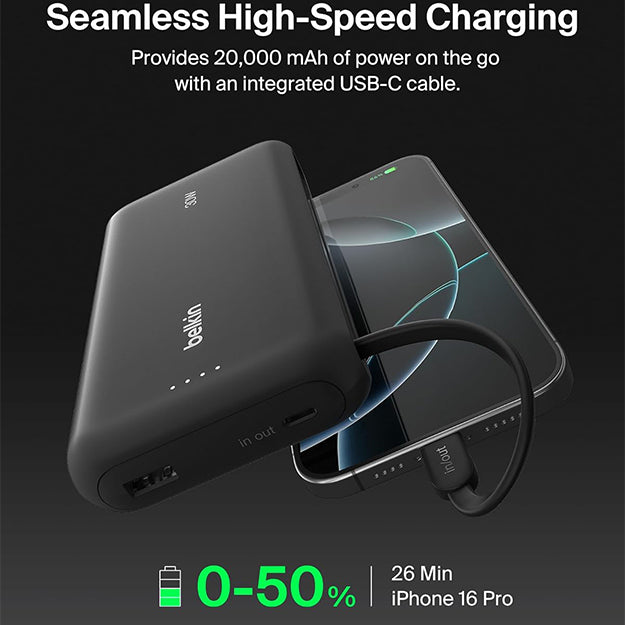 Belkin BoostCharge 20000 mAh PD 30 Watt USB-C Integrated Cable Power Bank