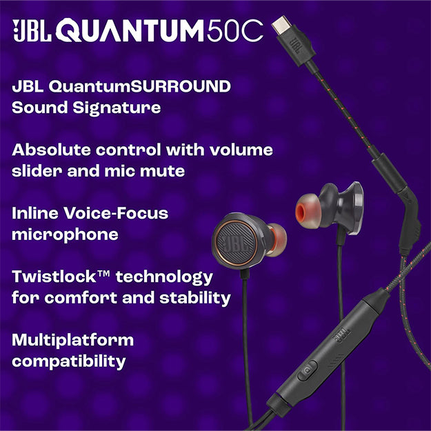 JBL Quantum 50C In-Ear Wired Gaming Headphones With USB-C Adapter