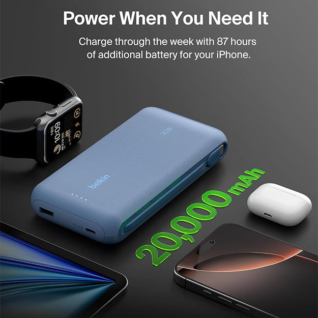 Belkin BoostCharge 20000 mAh PD 30 Watt USB-C Integrated Cable Power Bank