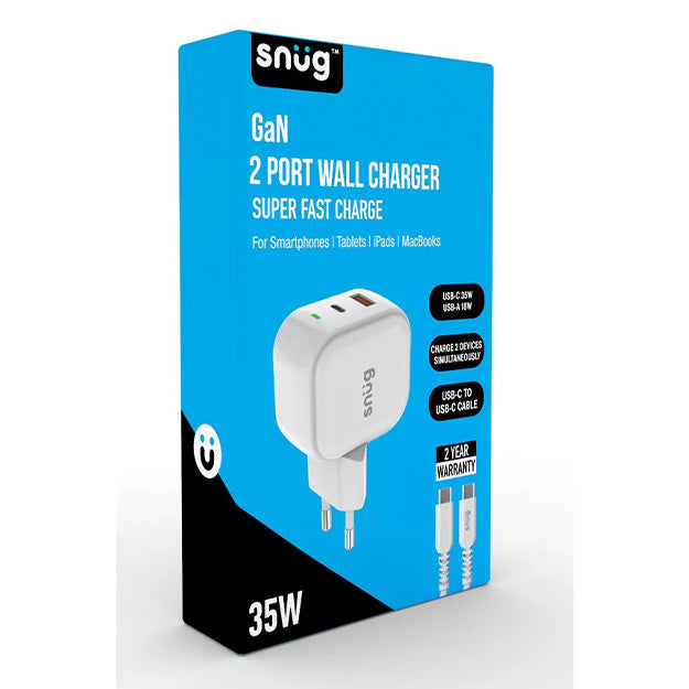 Snug 2 Port USB/Type-C Wall Charger 35W With Type-C Cable - White