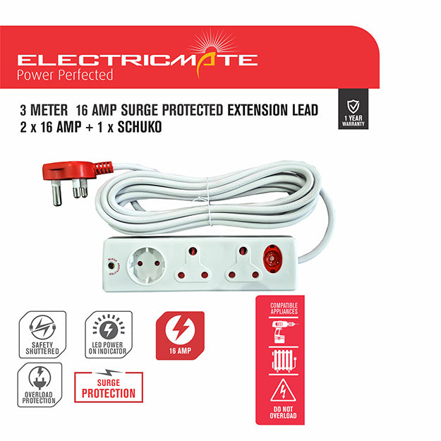 ElectricMate 16 Amp Extension Lead with 2 x 16 Amp/1 x Schuko Side-by-Side Adaptor With Surge Protection (3M)