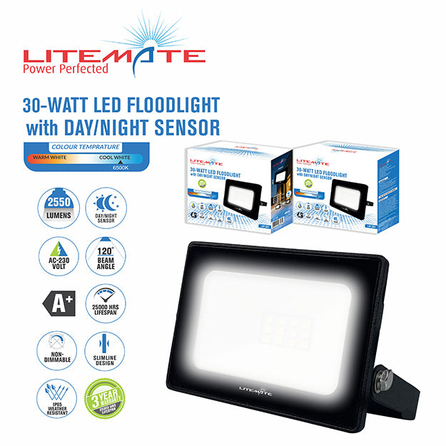 LiteMate Slimline 30 Watt Black LED Flood Light With Day/Night Sensor - Black