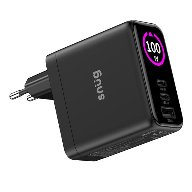 Snug Elite 3 Port GaN 100W Max Digital Display Wall Charger With USB-C Cable - Black