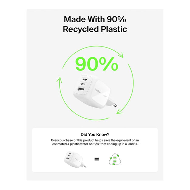 Belkin BoostCharge 3-Port GaN 70 Watt Wall Charger - White