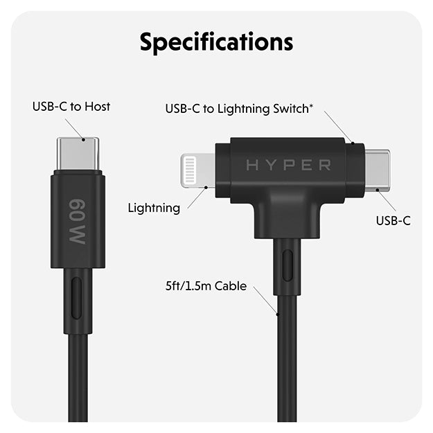 Hyper Juice USB-C And Lightning Hybrid Silicone Cable (1.5m/5ft)