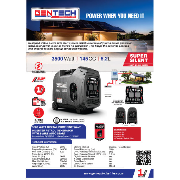 Gentech Power 3500 Watt Pure Sine Wave Inverter Generator - Black