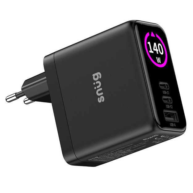 Snug Elite 3 Port GaN 140W Max Digital Display Wall Charger With USB-C Cable - Black