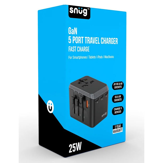 Snug 5 Port Universal Travel Adapter - 25W - Black