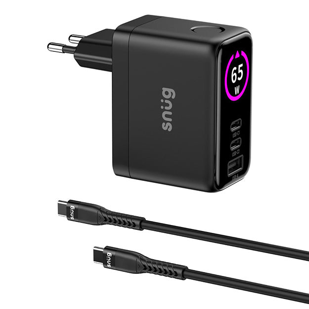 Snug Elite 3 Port GaN 65W Max Digital Display Wall Charger With USB-C Cable - Black