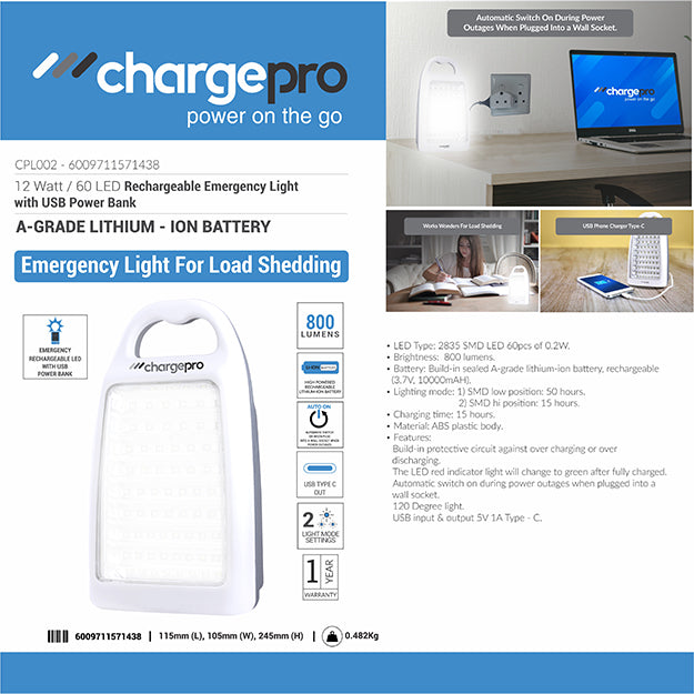 ChargePro 12-Watt 800 Lumens 60 LED Camping / Emergency Light (Lithium-Ion Battery) With USB In/Out