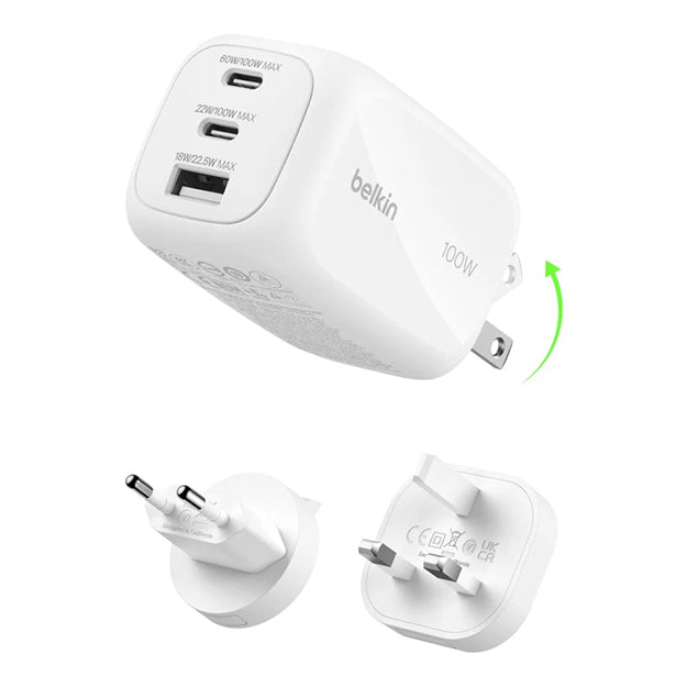 Belkin 3-Port 100W GaN Wall Charger Travel Adapter Kit - White