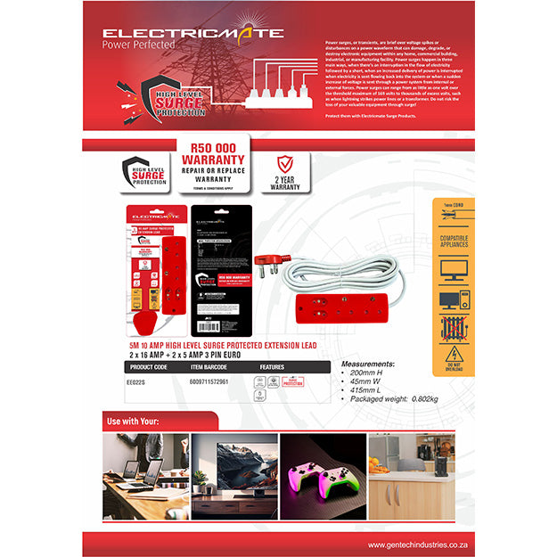 ElectricMate 10 Amp Extension Lead With High-Level Surge Protection (5M)