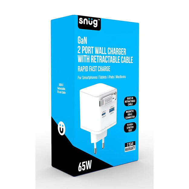 Snug 2 Port PD/USB Charger With Retractable Cable 65W - White