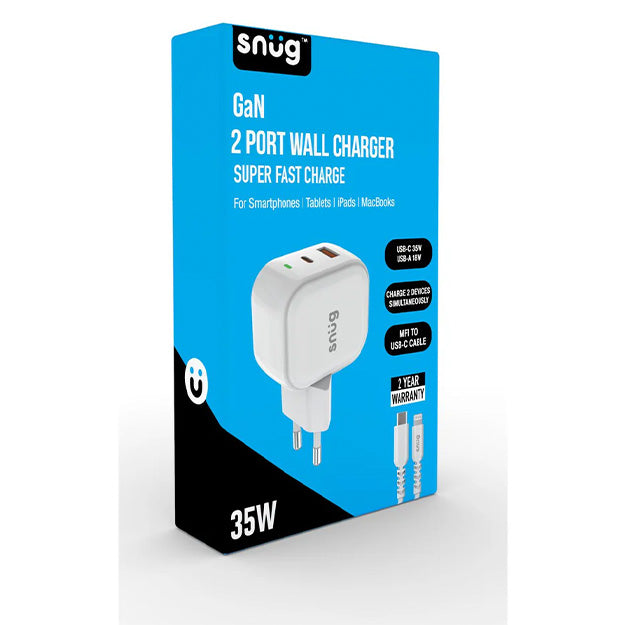 Snug 2 Port USB/Type-C Wall Charger 35W With MFI Cable - White