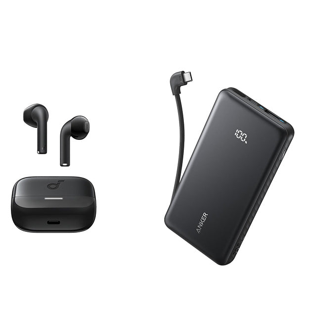 Anker Zolo 10 000mAh 22.5W Power Bank & Anker Soundcore K20i Bluetooth Wireless Semi In-Ear Earbuds Bundle - Black
