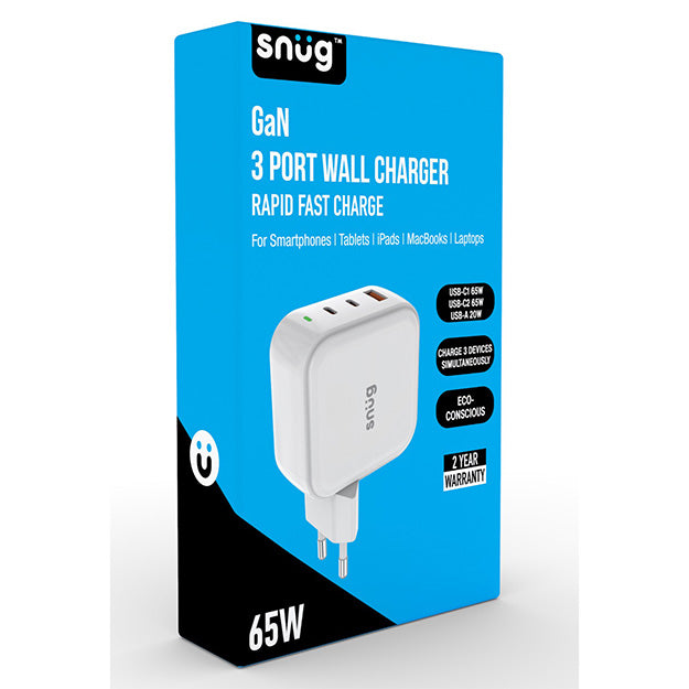 Snug GaN 3 Port Wall Charger With Rapid Fast Charge - White