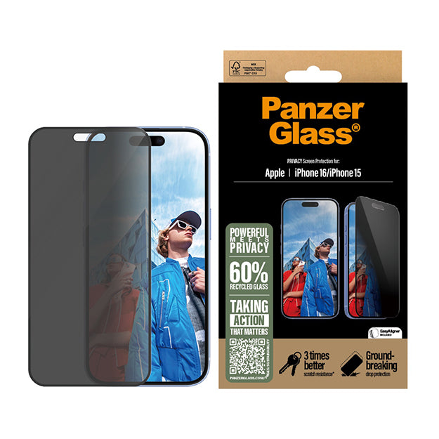 PanzerGlass Privacy Screen Protector Ultra Wide Fit For iPhone 16 / iPhone 15 - Black