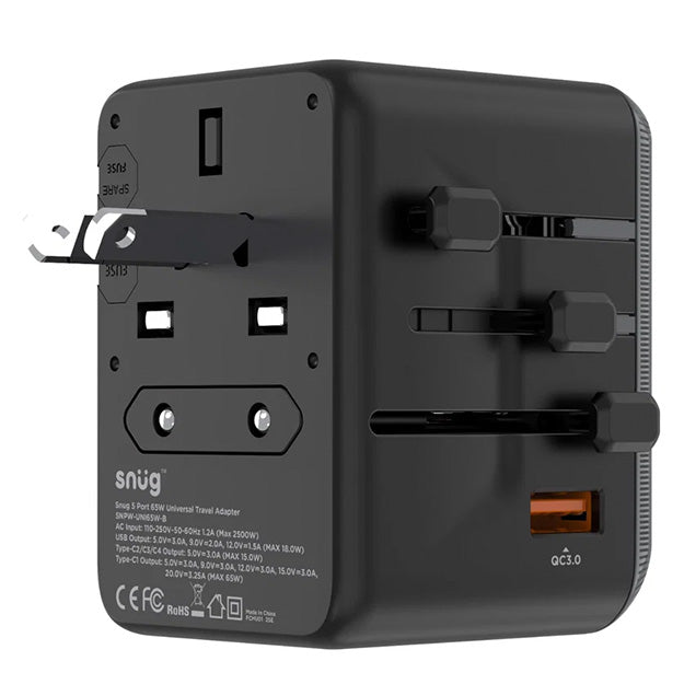 Snug 5 Port Universal Travel Adapter - 65W - Black