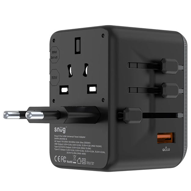 Snug 5 Port Universal Travel Adapter - 45W - Black