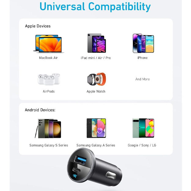 Anker 52.5W Fast Car Charger USB-A & USB-C Dual Device Charging - Black