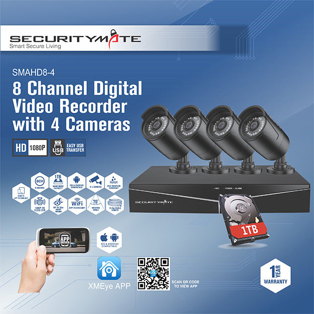 SecurityMate 8 Channel CCTV Kit With 4 1080P HD Outdoor Bullet Cameras - Black