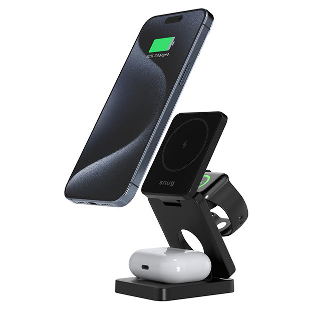 Snug 3-In-1 Magnetic Wireless Travel Charger For iPhones/Smart Watches & Airpods - Black