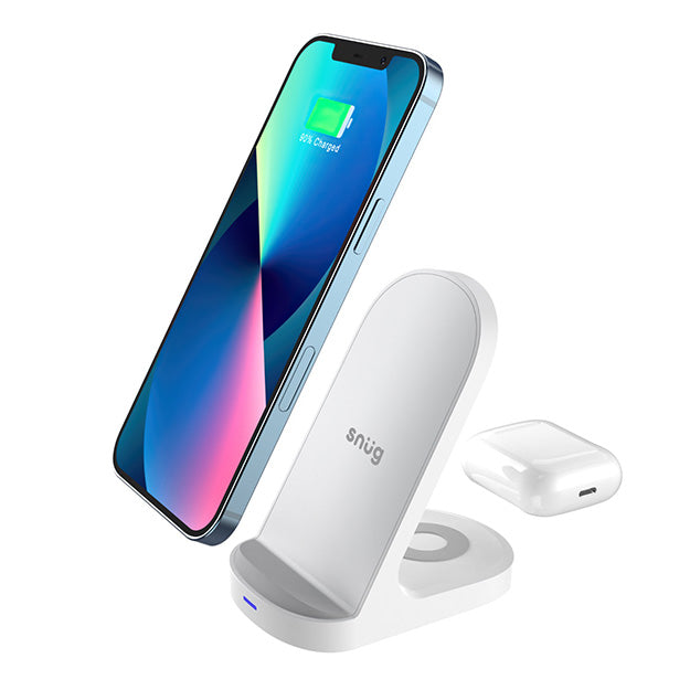 Snug 2-In-1 Wireless Stand Charger For Smartphones, iPhones, AirPods And Buds - White
