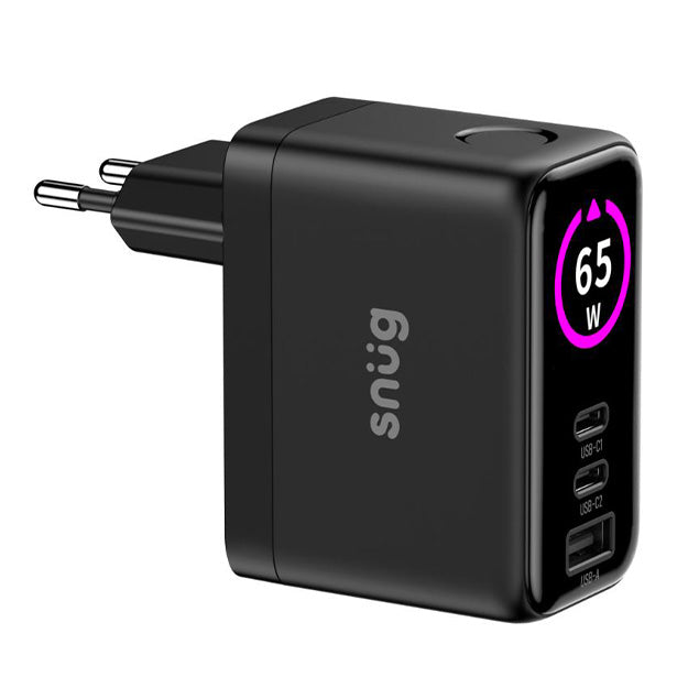 Snug Elite 3 Port GaN 65W Max Digital Display Wall Charger With USB-C Cable - Black