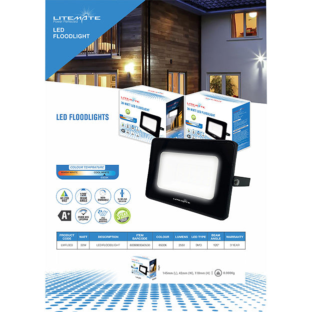 LiteMate 30 Watt LED Flood Light - Black