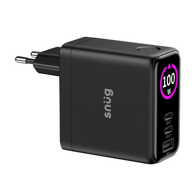 Snug Elite 3 Port GaN 100W Max Digital Display Wall Charger With USB-C Cable - Black