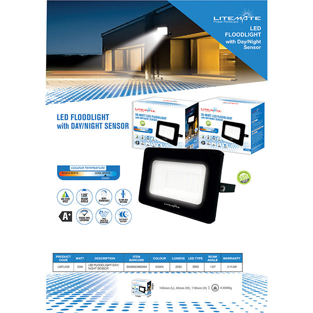 LiteMate Slimline 30 Watt Black LED Flood Light With Day/Night Sensor - Black
