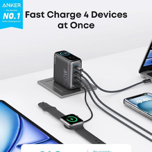 Anker 4 Port 140W GaN Laptop & Smartphone Charger With USB-C Cable - Black