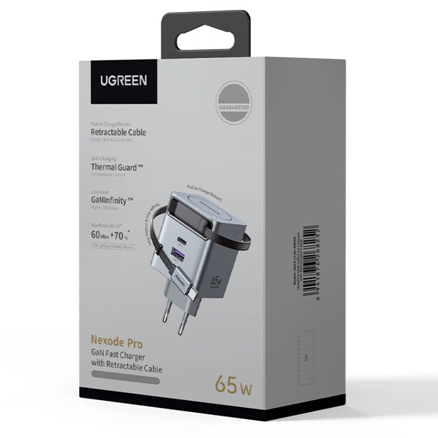 Ugreen Nexode 2 Port GaN 65W Charger Retractable Cable - Grey