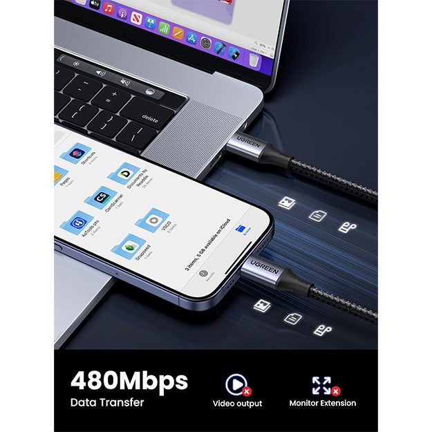 UGreen 240W USB-C To USB-C Braided Cable With Fast Charging 1m - Black