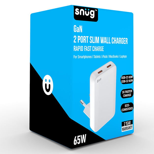 Snug GaN 65W 2 Port Slim Wall Charger With Rapid Fast Charge - White