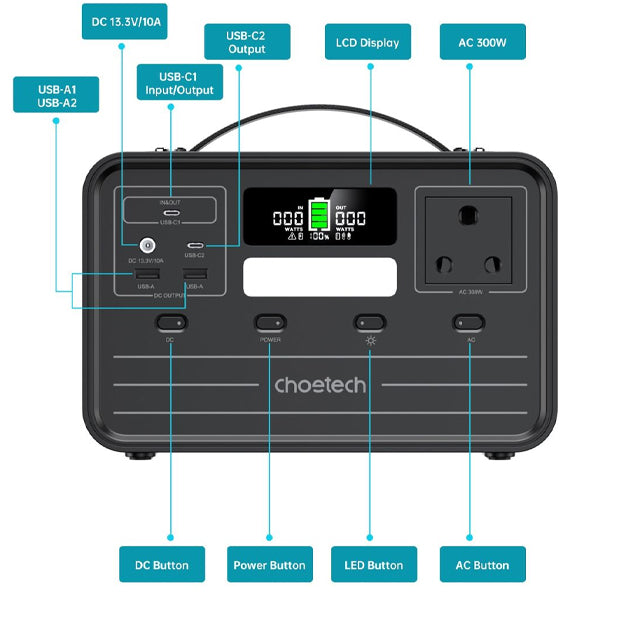 Choetech 300W/230Wh Portable Power Station - Black & Silver