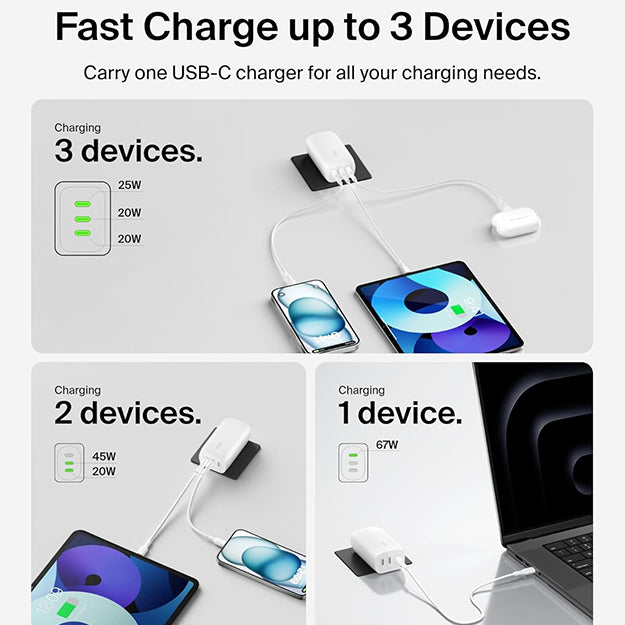 Belkin 3-In-1 67W Type-C Wall Charger With Type-C Male To Male Cable 2m - White