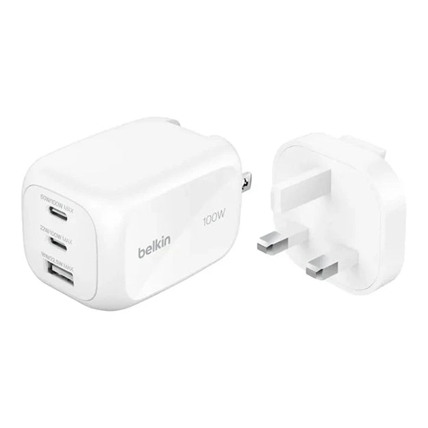Belkin 3-Port 100W GaN Wall Charger Travel Adapter Kit - White