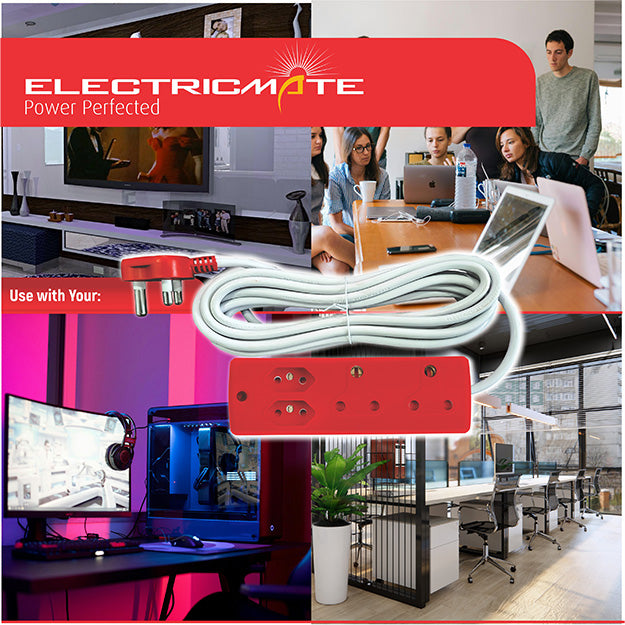 ElectricMate 3M 10 Amp Surge-Protected Extension Lead With 2 x 16 Amp And 2 x 5 Amp 3-Pin Euro Outlets