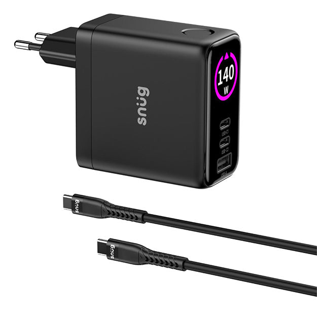 Snug Elite 3 Port GaN 140W Max Digital Display Wall Charger With USB-C Cable - Black
