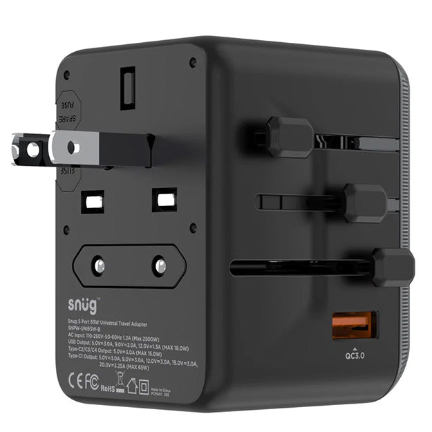 Snug 5 Port Universal Travel Adapter - 65W - Black