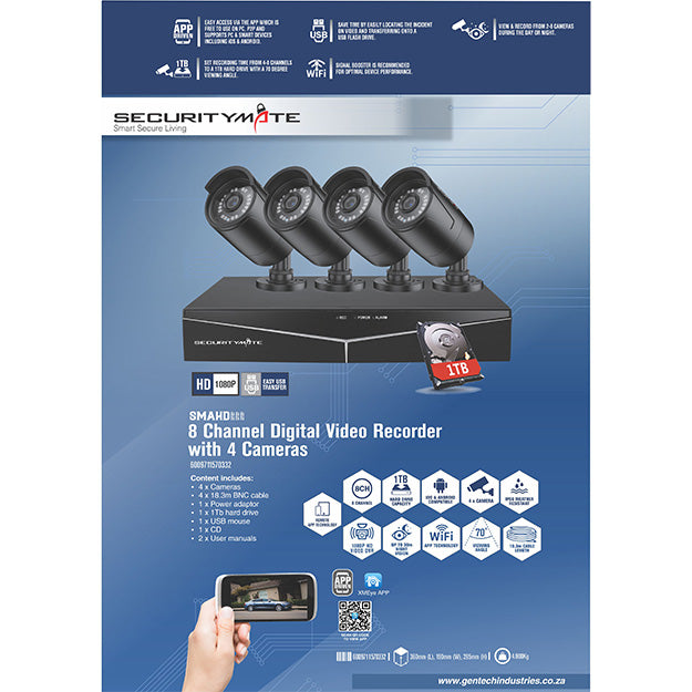 SecurityMate 8 Channel CCTV Kit With 4 1080P HD Outdoor Bullet Cameras - Black
