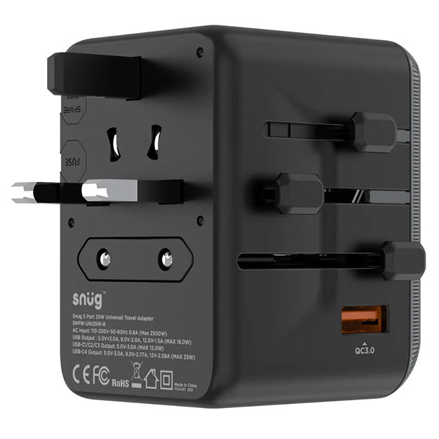 Snug 5 Port Universal Travel Adapter - 25W - Black