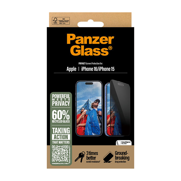PanzerGlass Privacy Screen Protector Ultra Wide Fit For iPhone 16 / iPhone 15 - Black