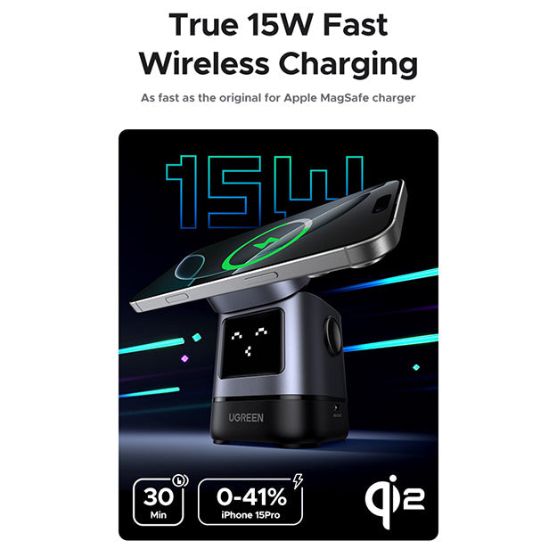 UGreen UNO 2-in-1 Magnetic Wireless Charging Station 15W Qi2 - Grey