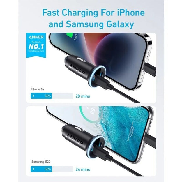 Anker 52.5W Fast Car Charger USB-A & USB-C Dual Device Charging - Black