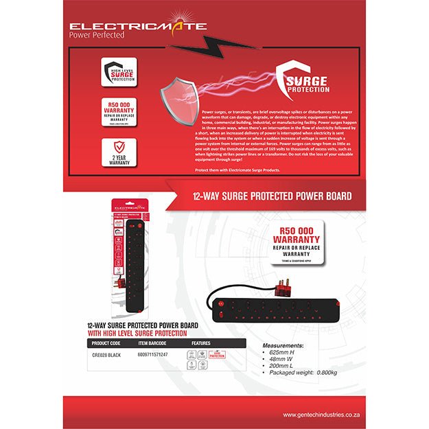 ElectricMate 12-WAY Single Switch High Level Surge Multiplug - Black