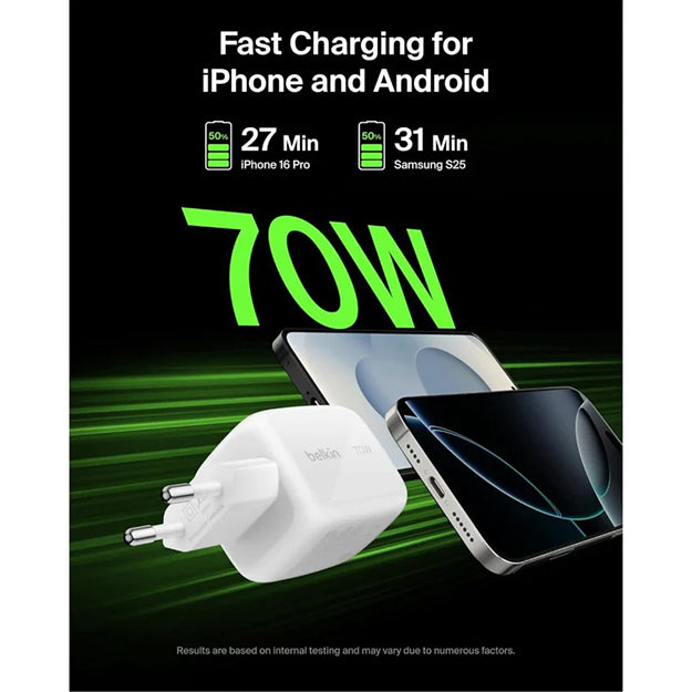 Belkin BoostCharge 3-Port GaN 70 Watt Wall Charger - White